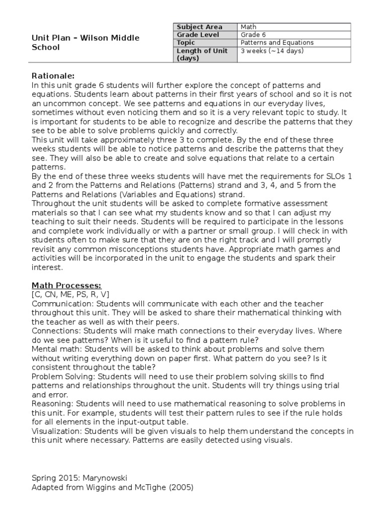 Grade 6 Patterns and Equations Unit Plan | PDF | Equations | Variable ...
