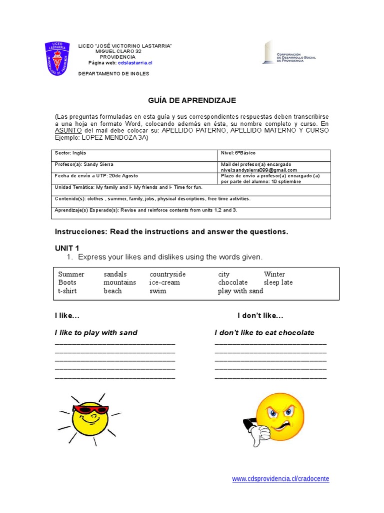 1 Guia Aprendizaje INGLÉS 6º Básico Unidad 1, 2 y 3 | PDF | Recreación ...