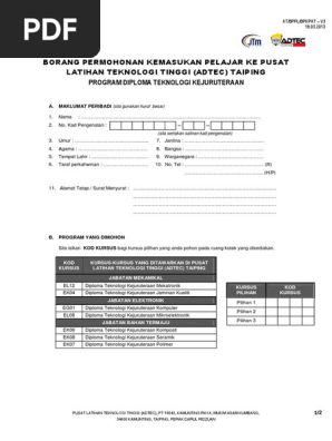 3 Borang Permohonan Kemasukan Pelajar Ke Adtec Taiping Pdf