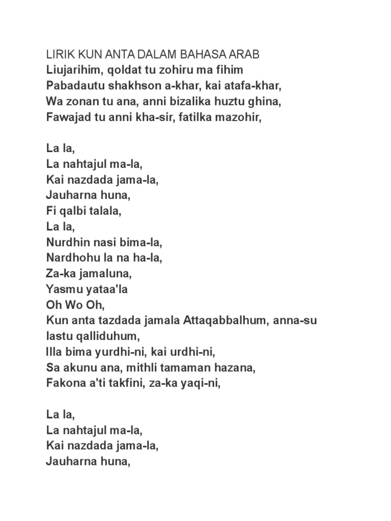 Lirik Kun Anta Dalam Bahasa Arab Pdf