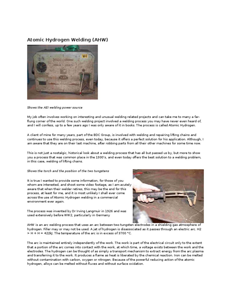Atomic Hydrogen Welding Process Overview | PDF | Electric Arc | Welding
