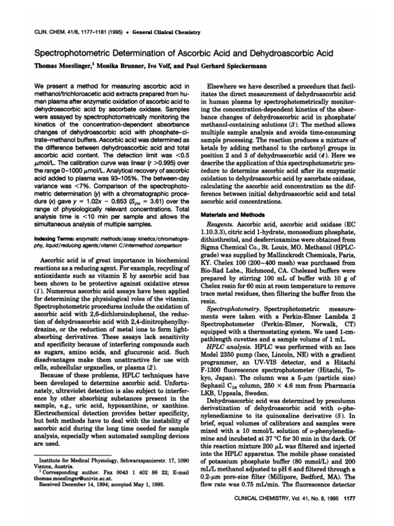 Spectrophotometric Determination of Ascorbic Acid and Dehydroascorbic Acid PDF Vitamin C