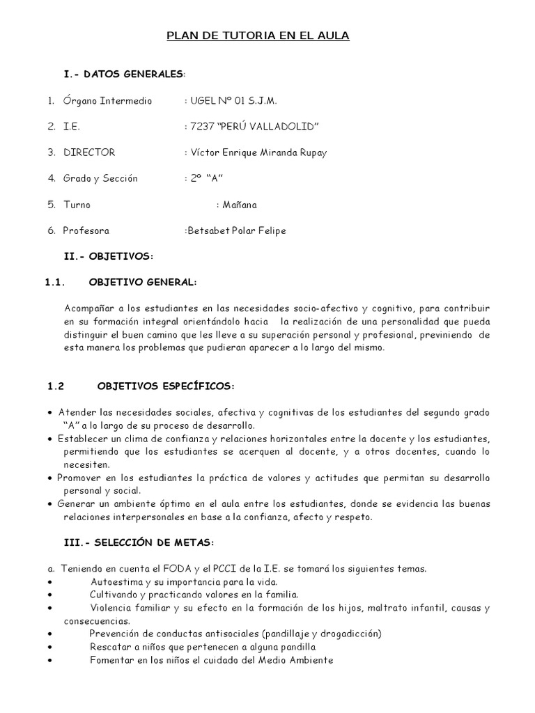 Plan de Tutoria en El Aula 2° Grado | PDF | Maestros | Cognición