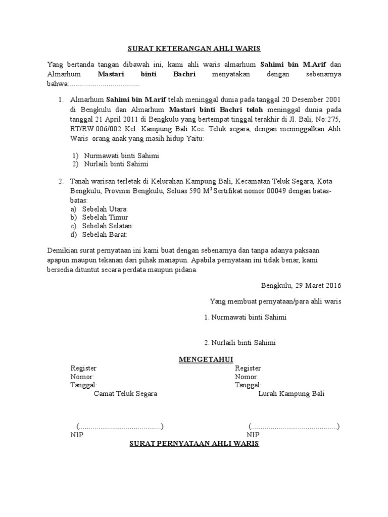 Surat Keterangan Ahli Waris Pdf