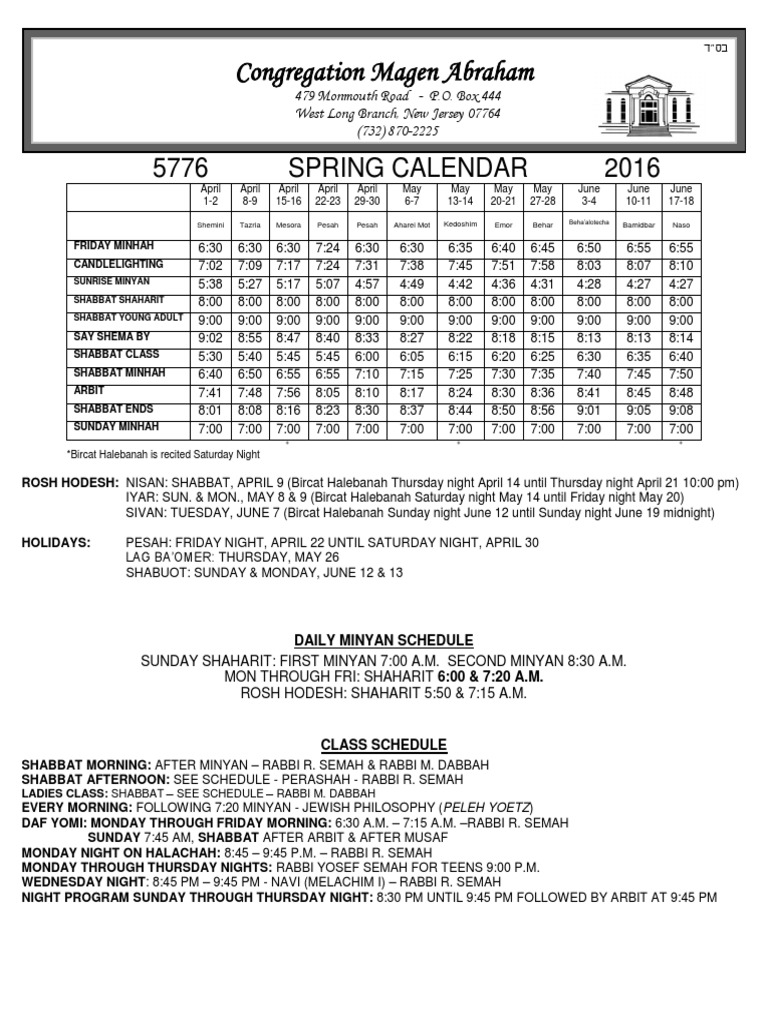 5776 Spring Calendar for Magen Abraham | PDF
