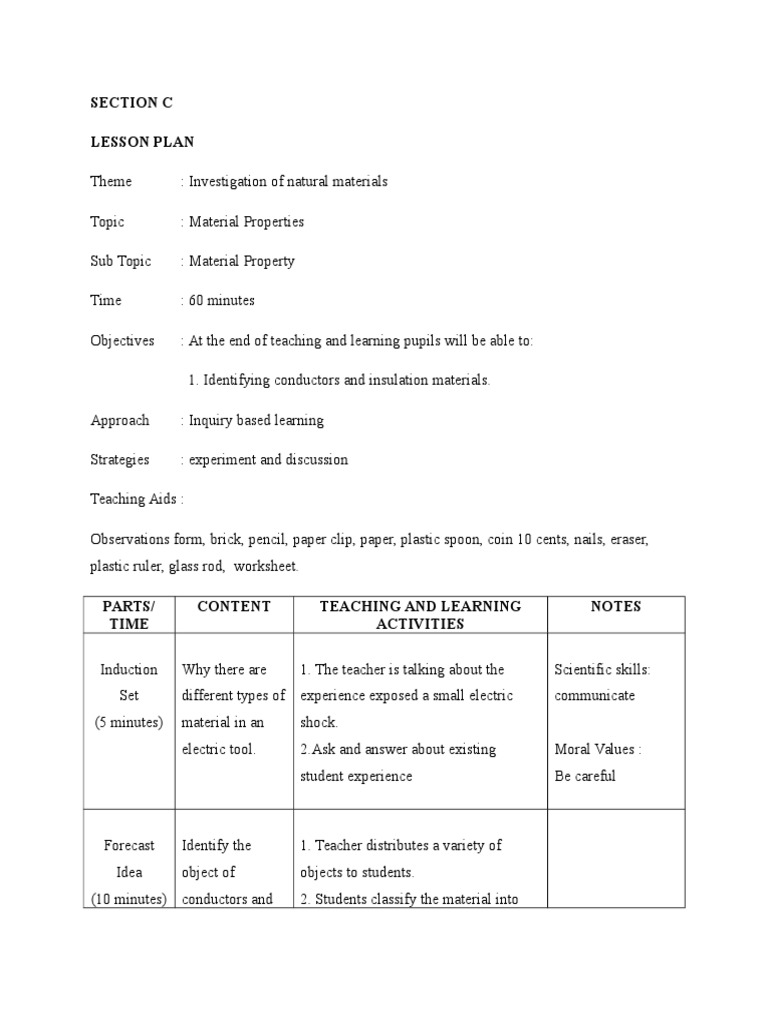Section C Lesson Plan PDF Experiment Lesson Plan