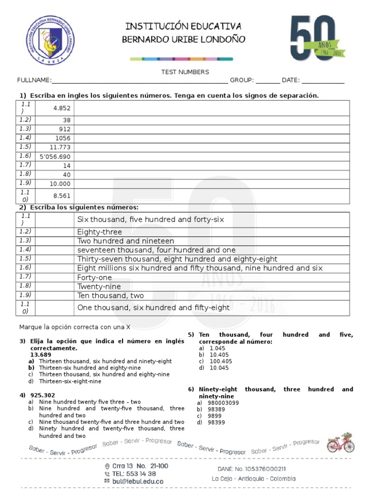 Test Numbers FULLNAME: - GROUP: - DATE | PDF | Technology & Engineering