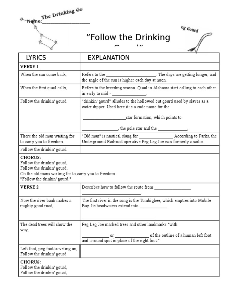 Worksheets Follow The Drinking Gourd Worksheets follow the drinking gourd lyric worksheet mississippi river african diaspora