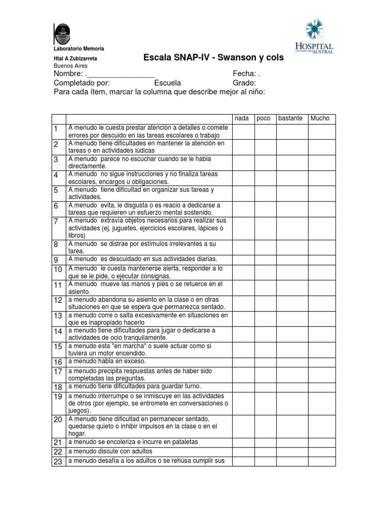 Snap Iv Questionnaire Pdf _ Dépistage du TDAH par la SNAP-IV rating ...