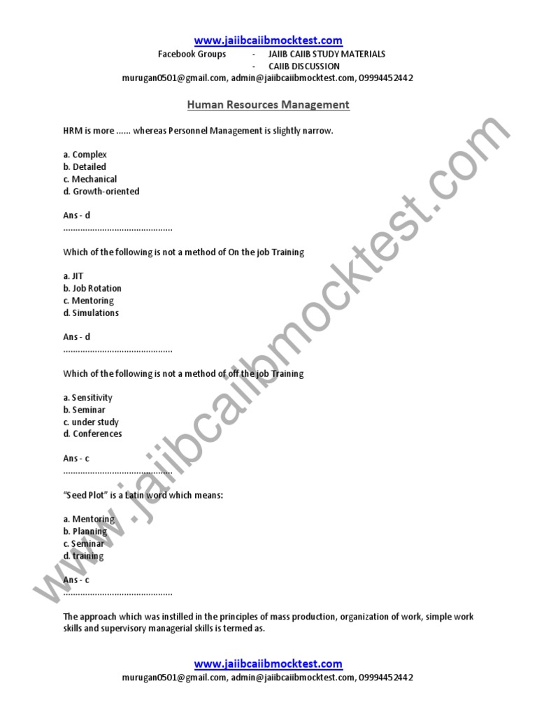CAIIB HRM Sample Questions by Murugan For Nov 14 Exams PDF Human