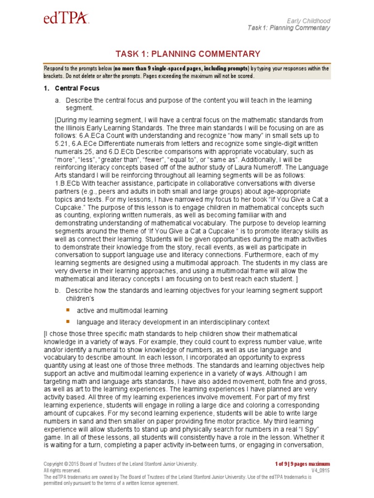 Task Early Childhood EdTPA URLP And Commentary Paper, 47 OFF