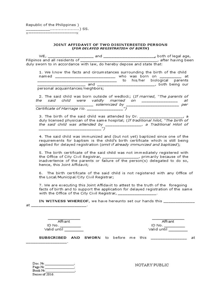 Sample Joint Affidavit of Two Disinterested Persons for Delayed Birth