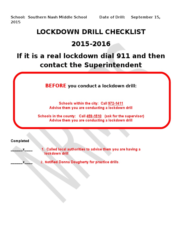 Southern Nash Middle School Lockdown Drill Checklist | PDF