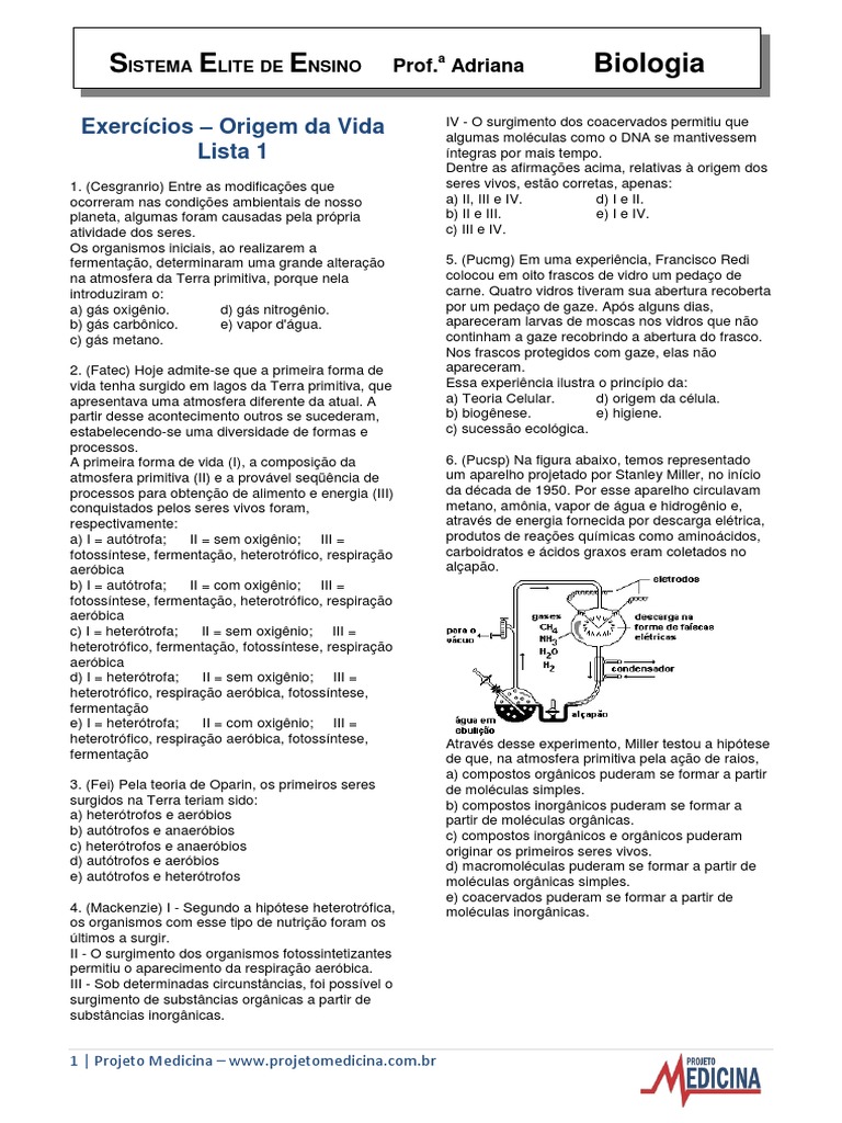 Exercícios sobre a Origem da Vida | PDF | Abiogênese | Vida