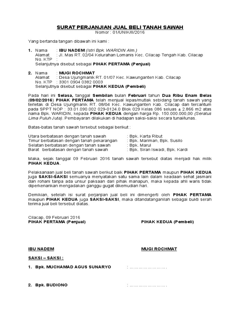 Surat Perjanjian Jual Beli Tanah Sawah 2 | PDF