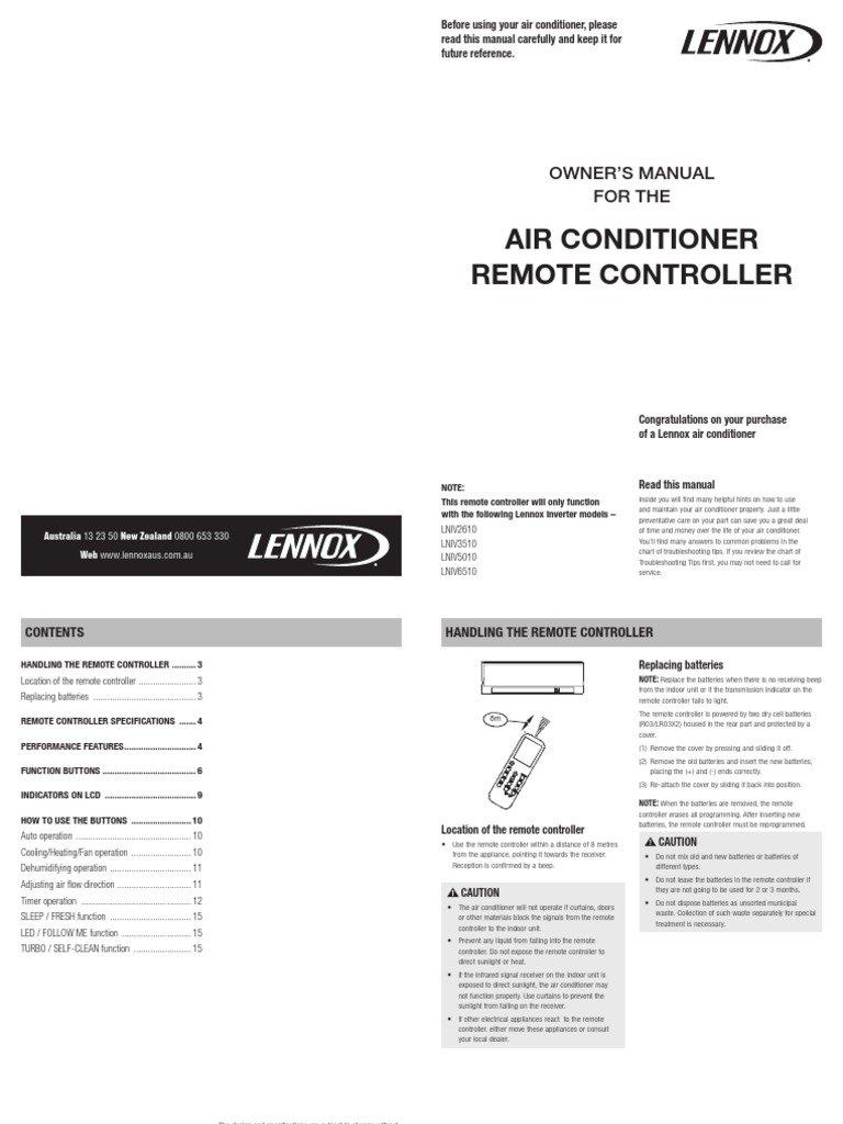 Lennox AC Remote Controller Owners Manual 20pp_Jan 2012 Air