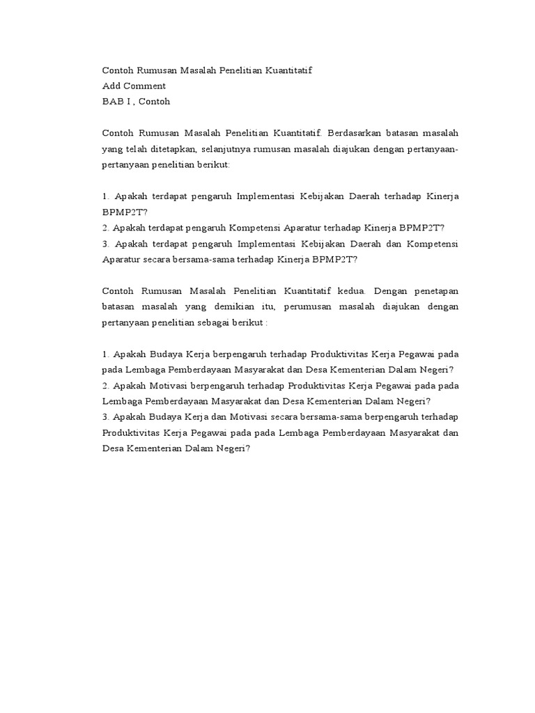 Contoh Rumusan Masalah Penelitian Kuantitatif