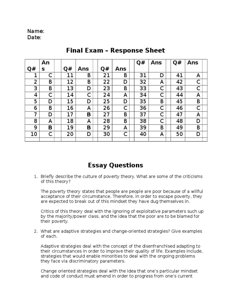 Final Exam - Response Sheet: Q# An S Q# Ans Q# Ans Q# Ans Q# Ans | PDF ...