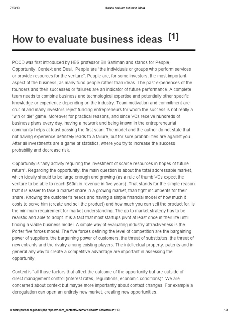 Evaluating Business Ideas with POCD Framework | PDF | Venture Capital ...