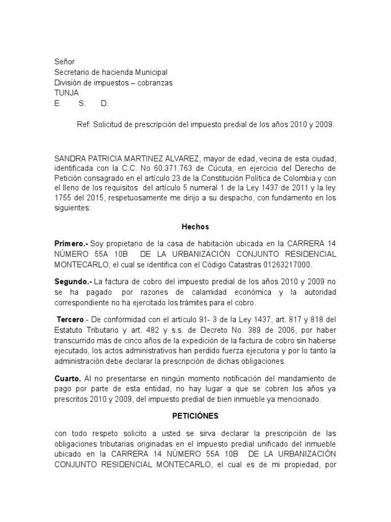 Solicitud Prescripcion Impuesto Predial  PDF  Estatuto de