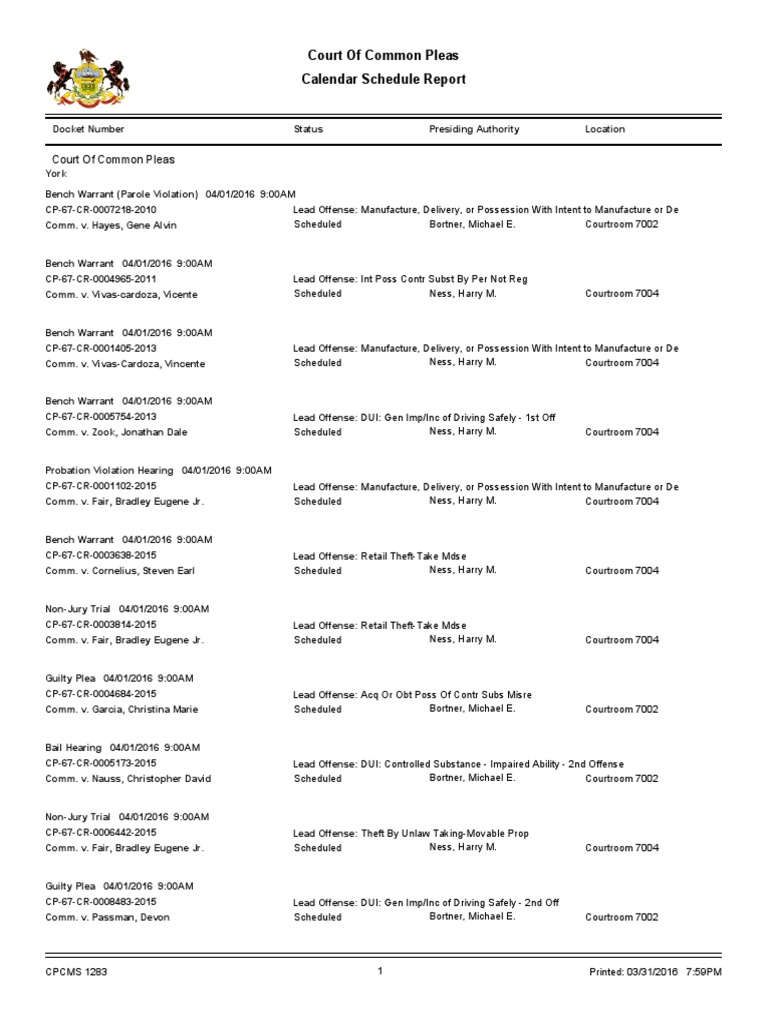 York County Court Schedule For April 1, 2016 | PDF