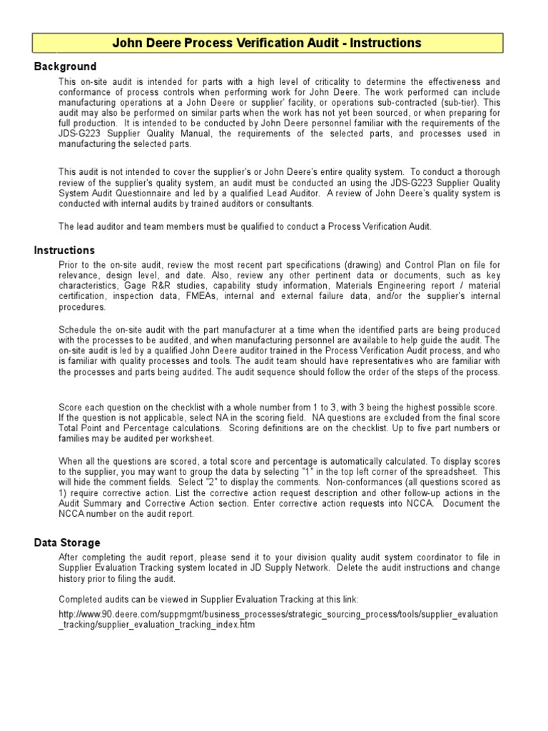 John Deere Process Verification Audit Guide | PDF | Verification And ...