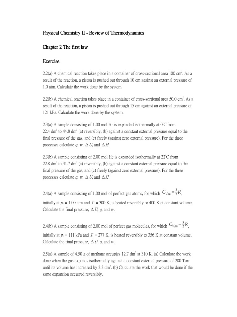 Physical Chemistry II Thermodynamics Review Problems | PDF | Gases ...