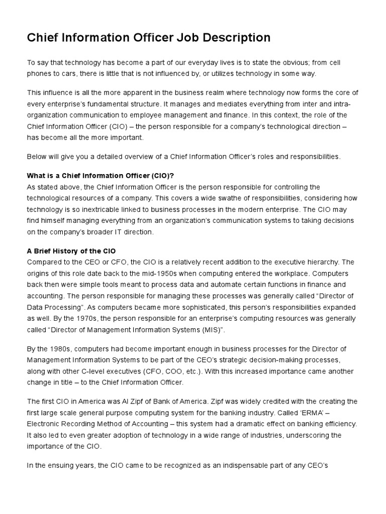 Generalised Job Description Chief Information Officer V1.0 Chief