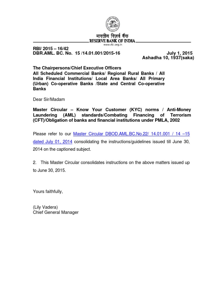 RBI Master Circular Know Your Customer (KYC) Norms (as on July 2015
