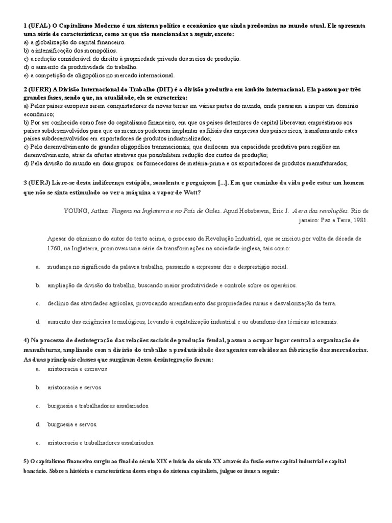 Exercícios sobre Capitalismo para 8º Ano | PDF | Capitalismo | Indústrias
