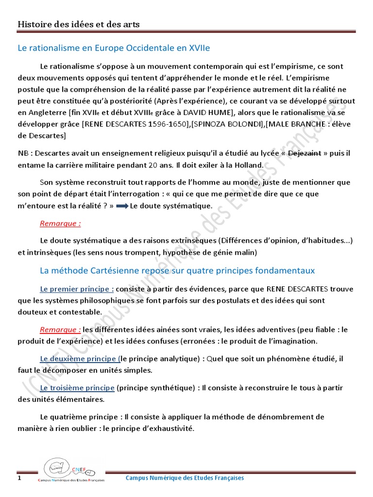 Le Rationalisme de Descartes en Philosophie | PDF | Rationalisme | René ...