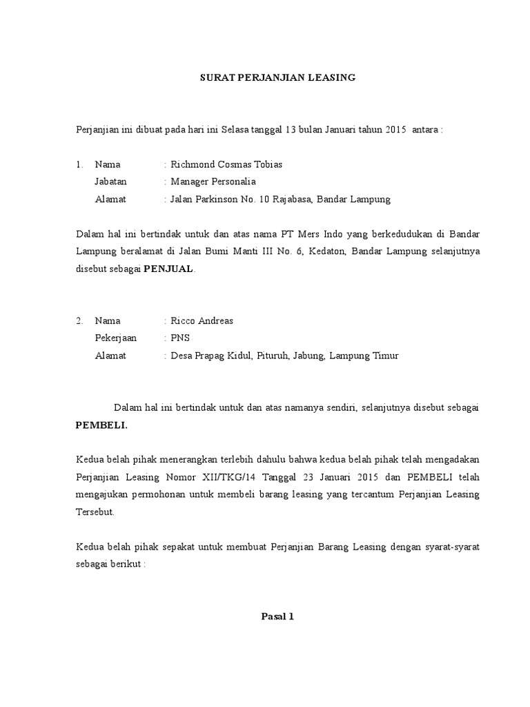 Surat Perjanjian Leasing