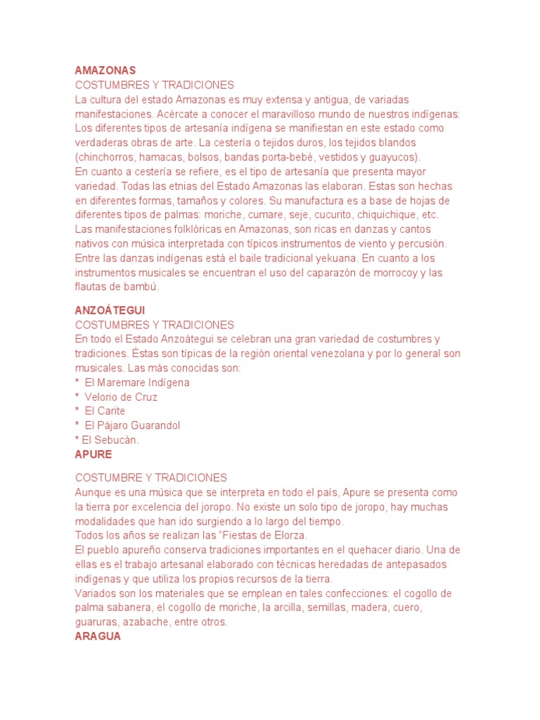 Amazonas Estado De Venezuela Costumbres Y Tradiciones Docx