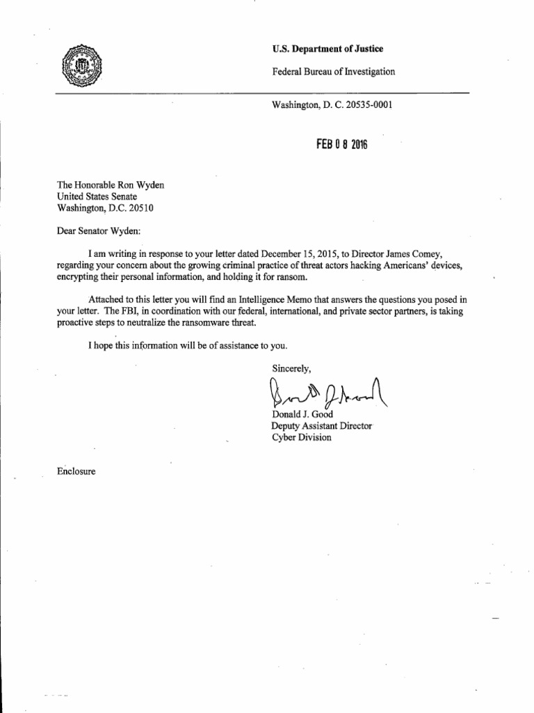 FBI Letter to Senator Wyden | Ransomware | Federal Bureau Of Investigation
