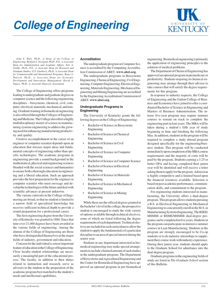 University of Kentucky Engineering Curriculum PDF Academic Degree
