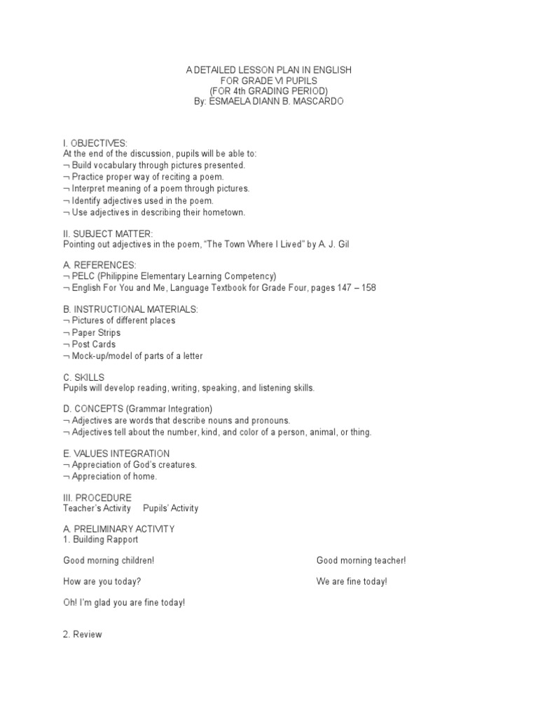 Lesson Plan Adjectives PDF Lesson Plan Adjective