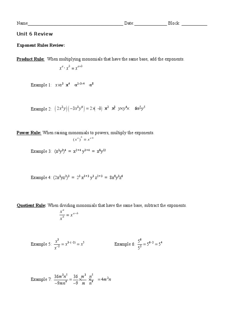 Exponent Rules and Simplification Review | PDF