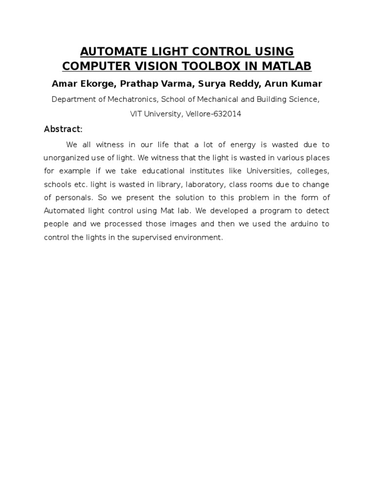Automate Light Control Using Computer Vision Toolbox in Matlab | PDF