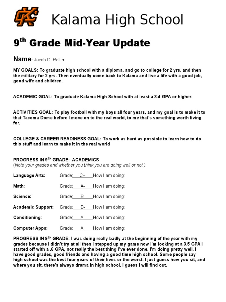 9th Grade Goals and Progress | PDF | Career & Growth | Sports & Recreation