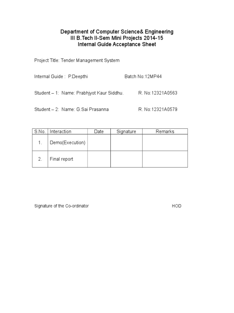Tender Management System Project Sheet | PDF