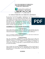 ACUERDO #27 DE FECHA 01-04-2016.: El Concejo Municipal Del Municipio Libertador