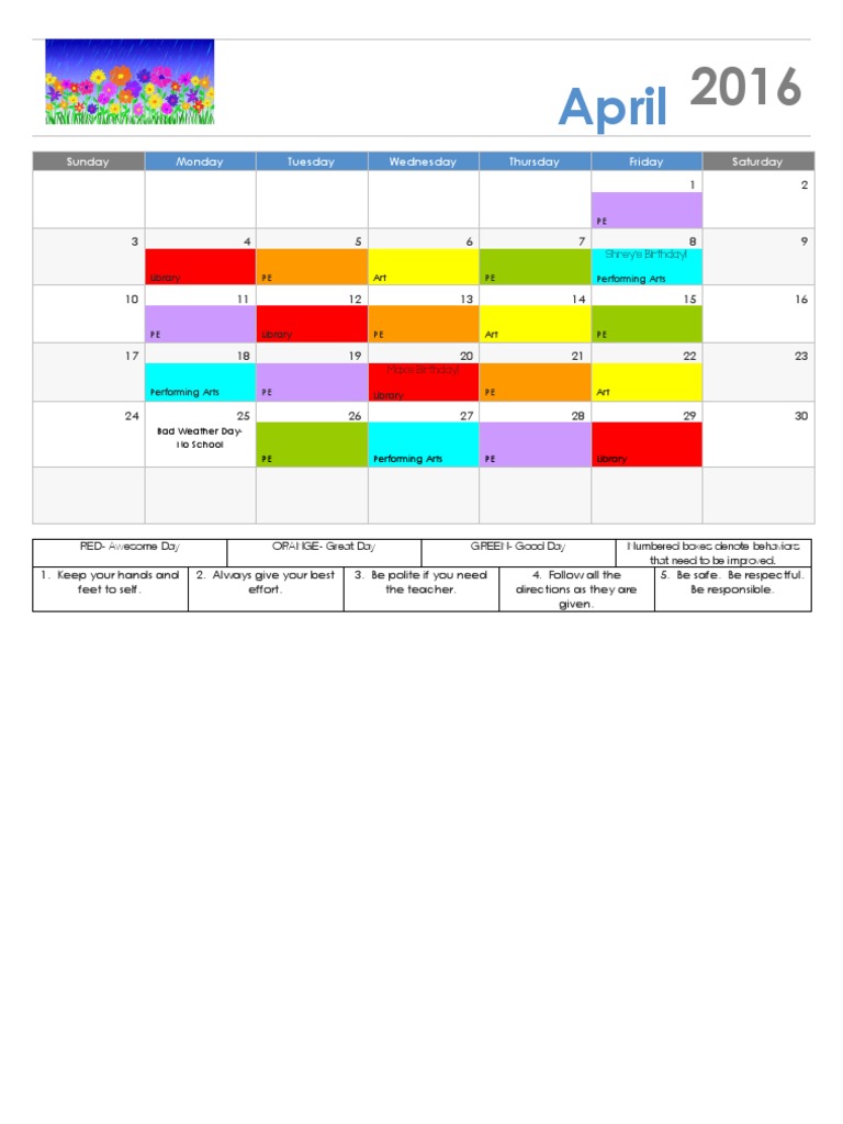 April 2016 School Activity Calendar | PDF