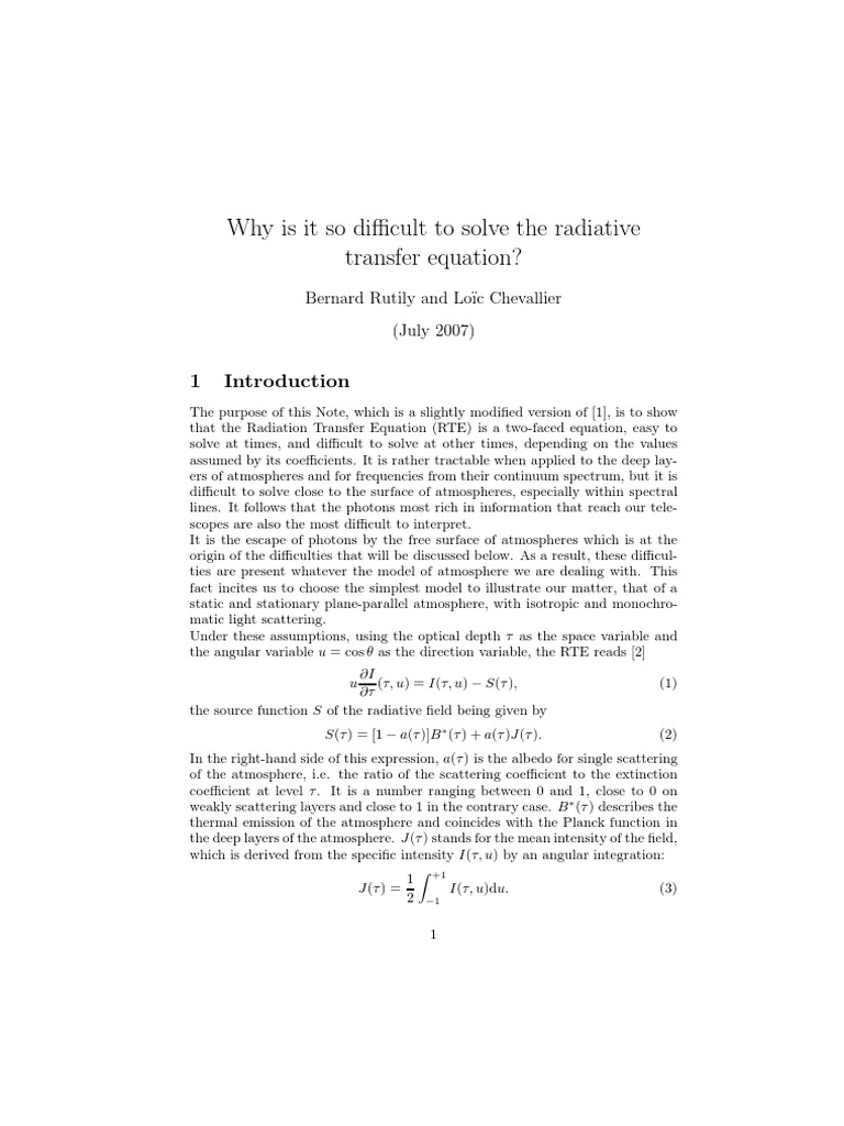 Why Is It So Difficult To Solve The Radiative Transfer Equation? | PDF ...
