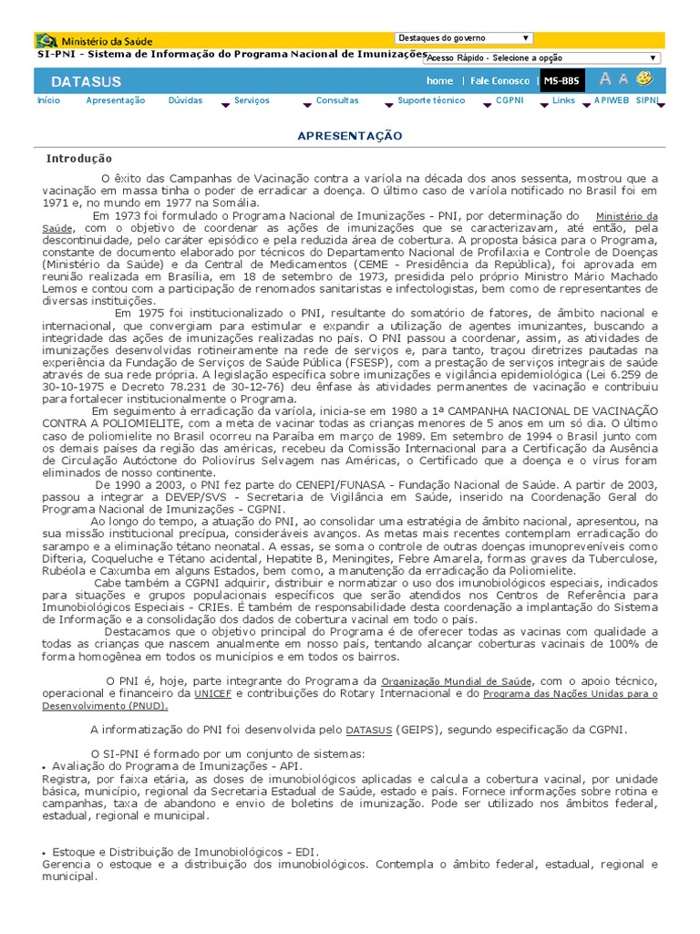 Si Pni Sistema De Informações Do Programa Nacional De Imunizações