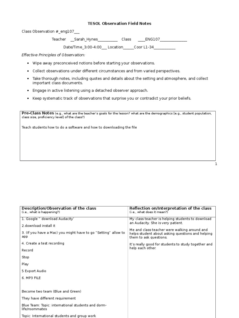 TESOL Class Observation Insights | PDF | Question | Interview