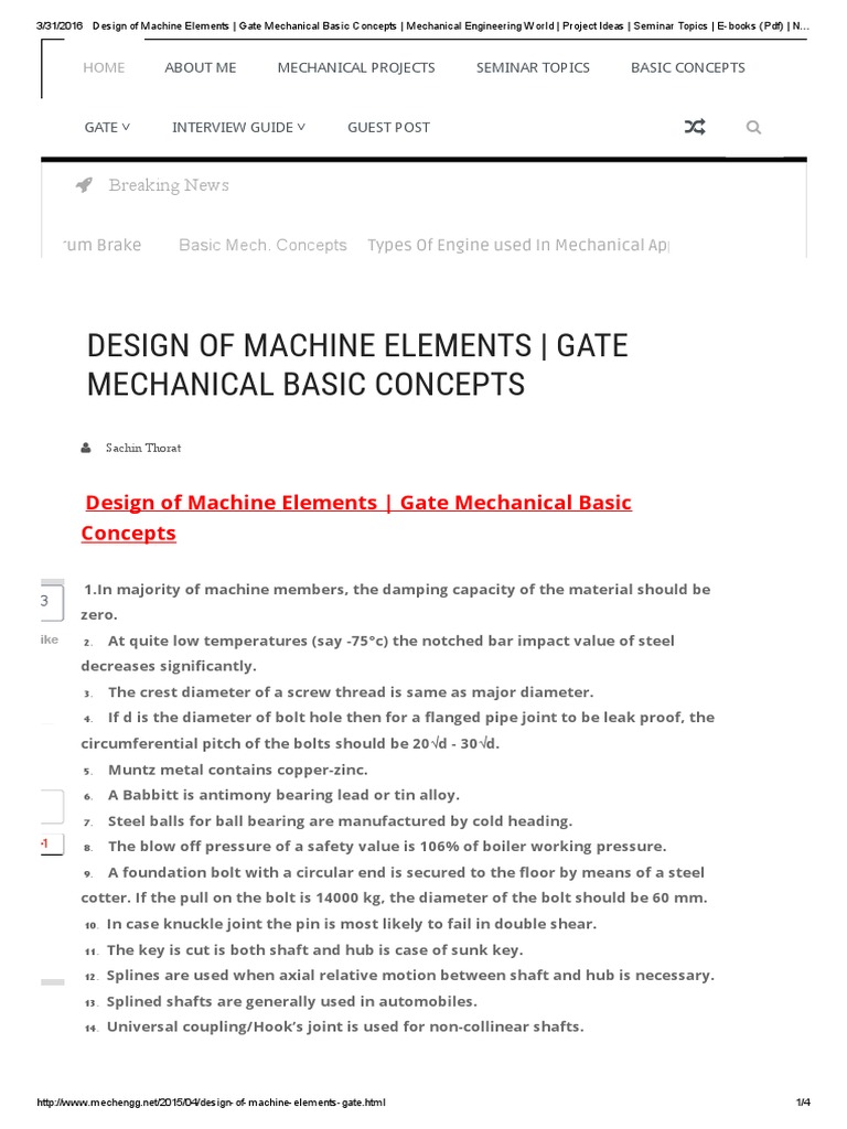 Design of Machine Elements Overview | PDF | Bearing (Mechanical) | Screw