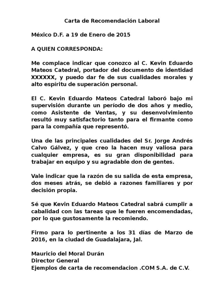 Carta de Recomendación Laboral