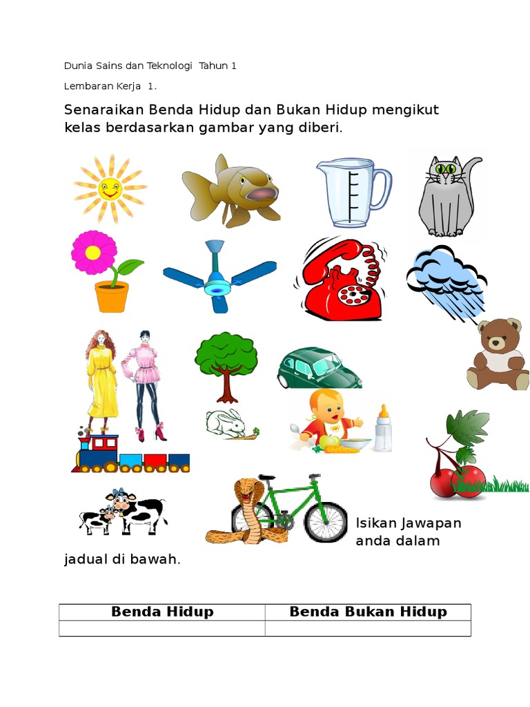 Lembaran Kerja Dst Tahun 1 Docx Benda Hidup Dan Bukan Hidup Pdf