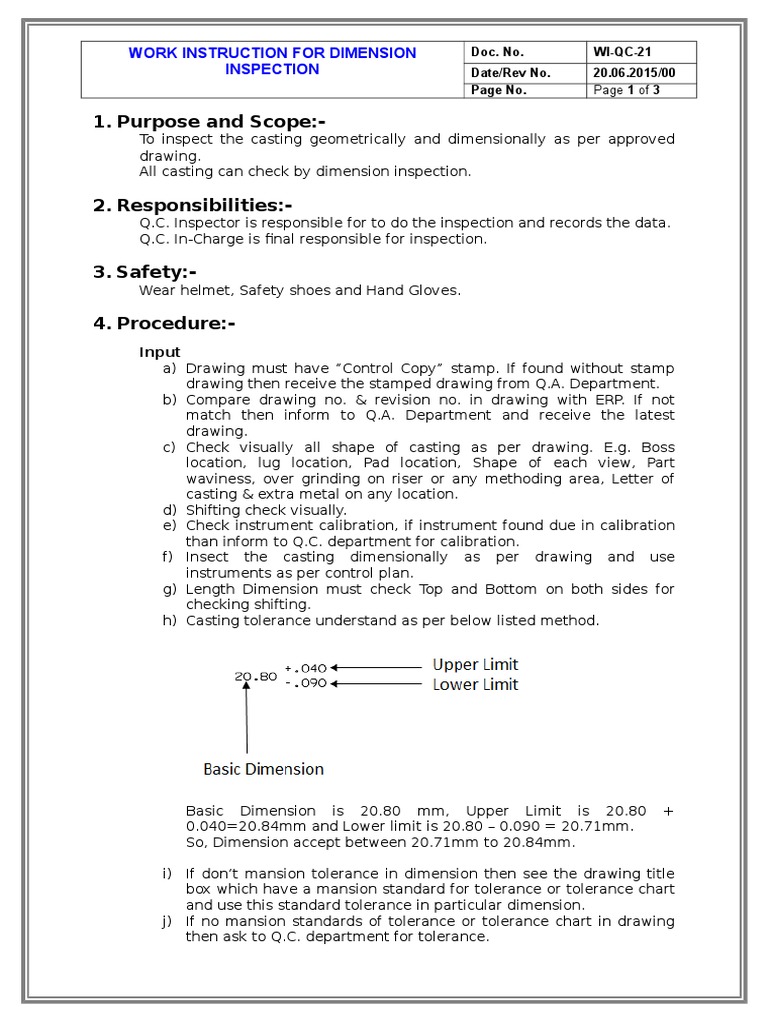 Dimensional Inspection Work Instructions | PDF | Casting (Metalworking ...