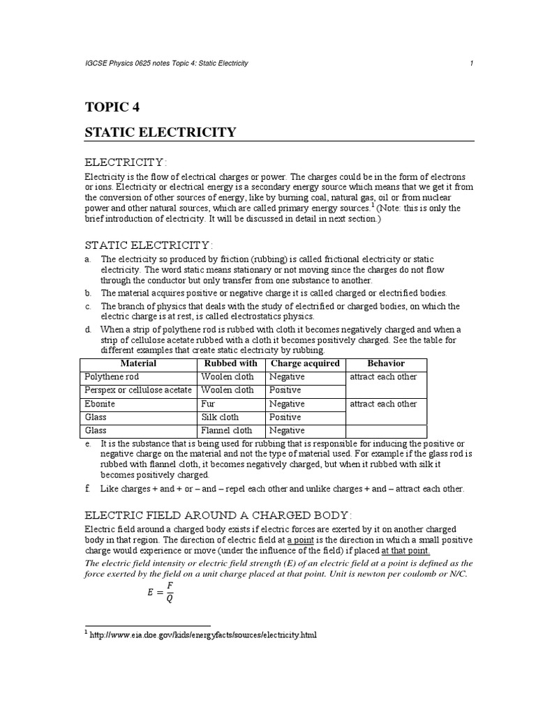 IGCSE Physics: Static Electricity Notes | PDF | Electric Charge ...